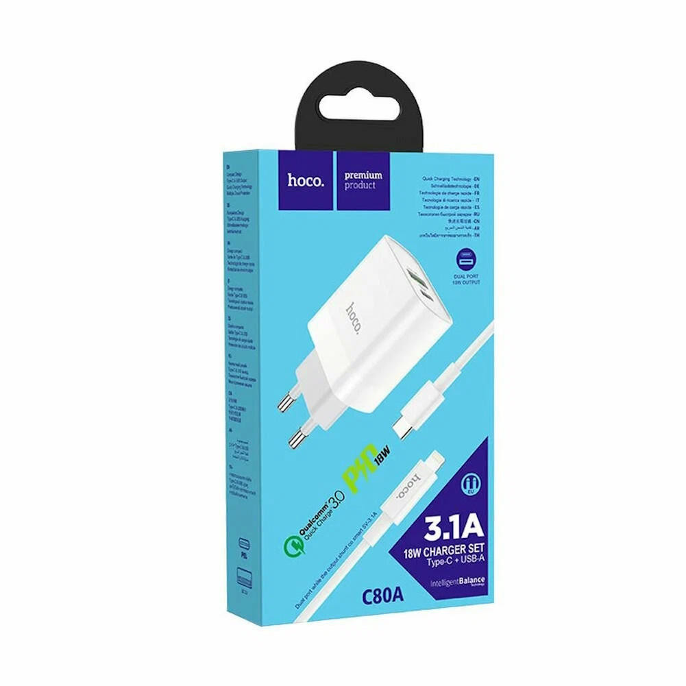 Partsokey - ЗУ Сетевое HOCO C80A Rapido, 1Type-C+1USB 3.1A PD 20W+QC3.0 быстрая зарядка White