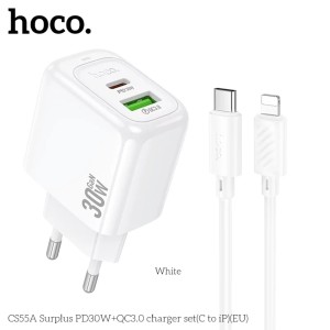 ЗУ Сетевое HOCO CS55A 1USB+1TypeC 3.0A QC3.0+PD 30W + кабель